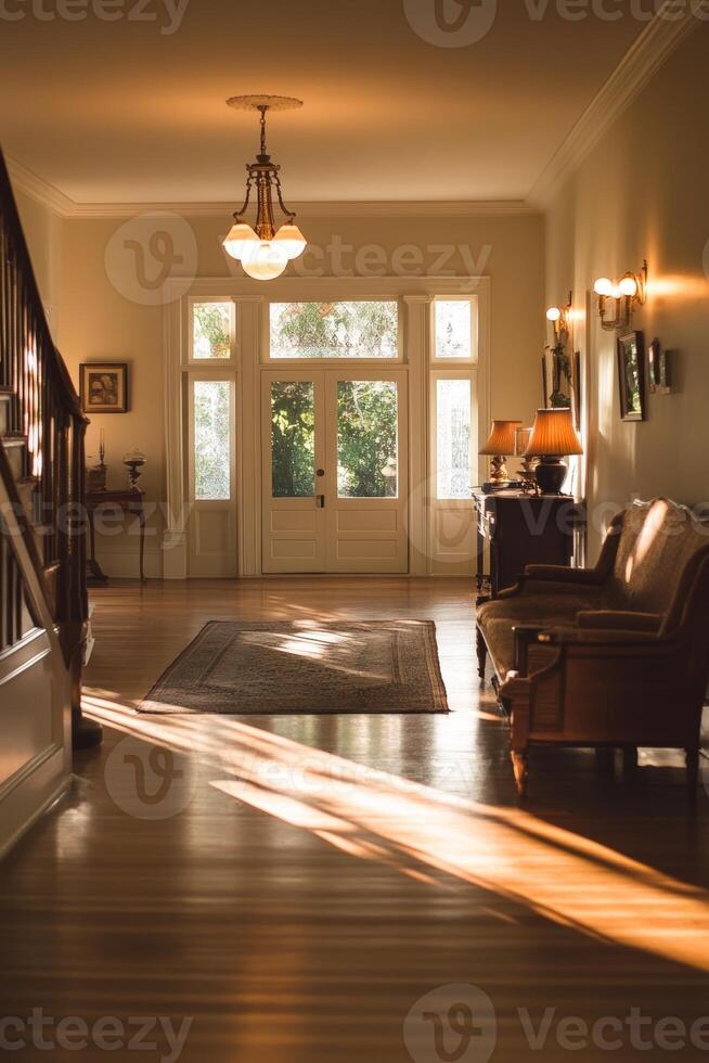 Sunlit Vintage Interior Hallway with Elegant Furniture and Wooden Flooring in a Classic Home Setting photo