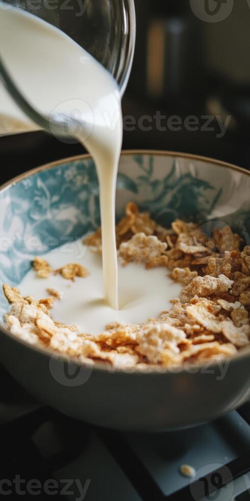 Fresh Milk Poured Over Crunchy Cereal in Decorative Bowl photo