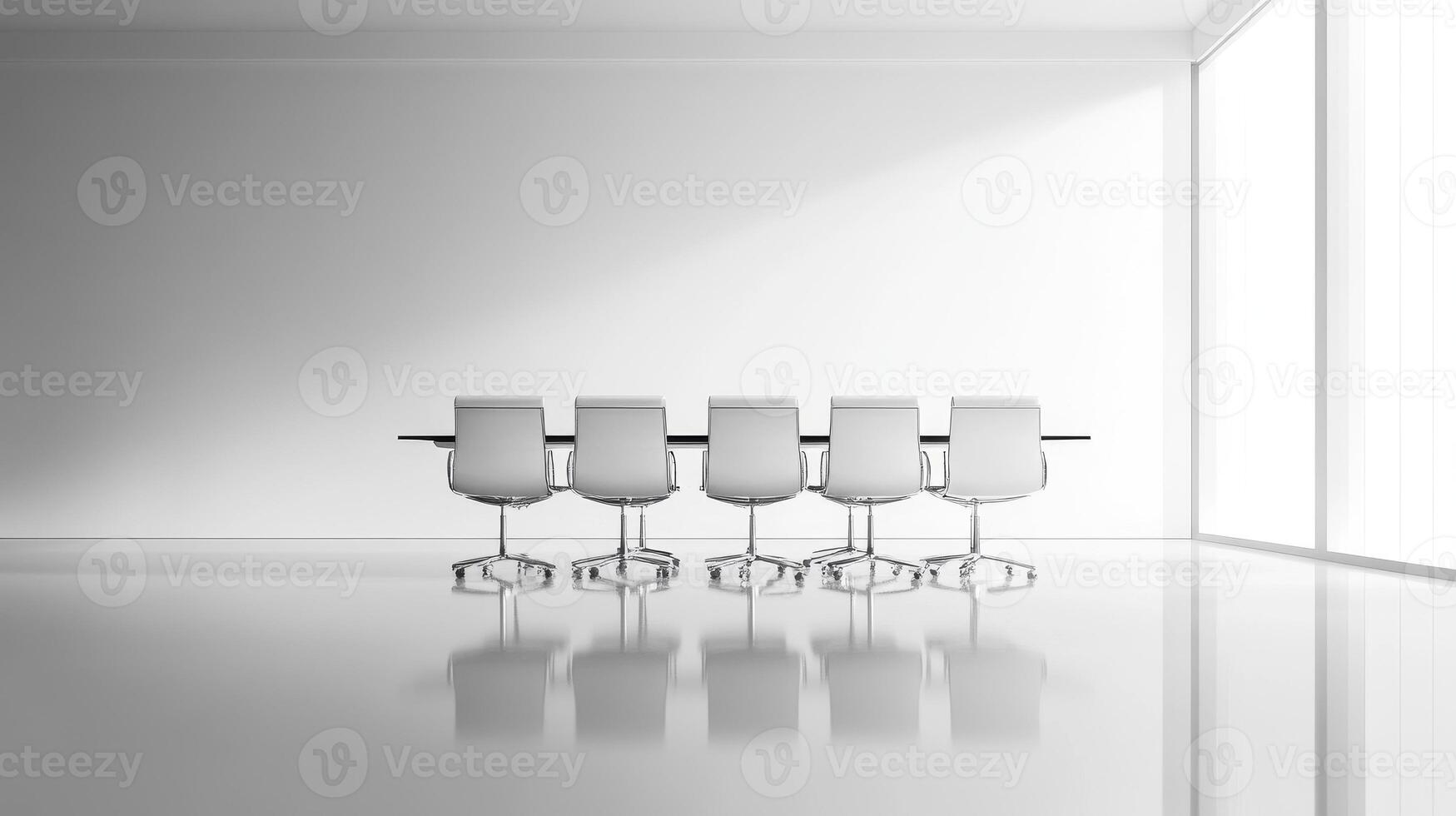 A large table with six white chairs around it photo
