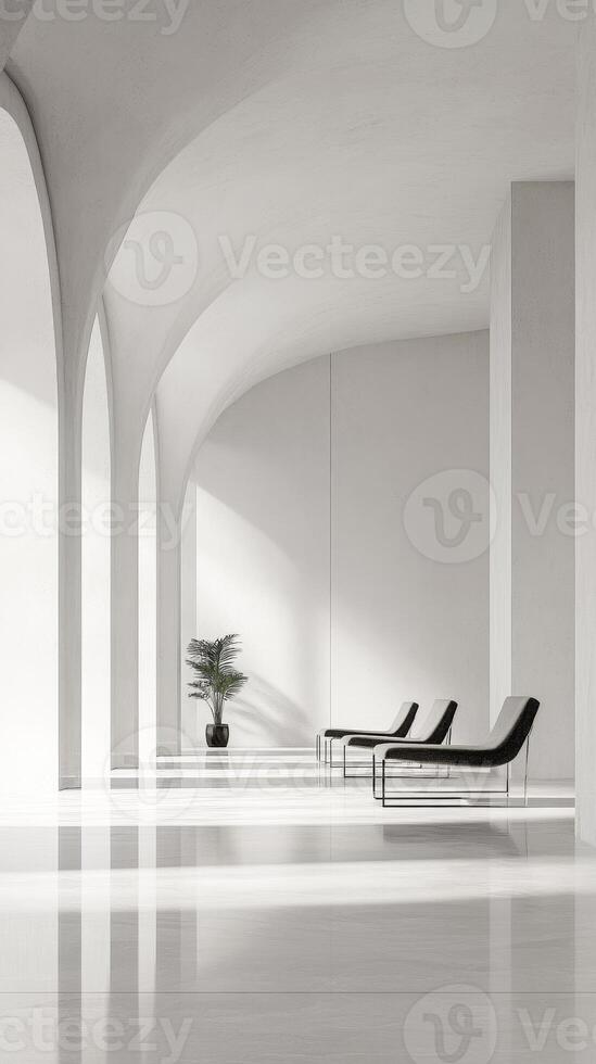 A white room with a plant and three black chairs photo