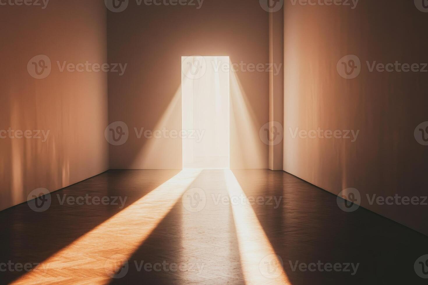 This stunning minimalist art gallery features a dramatic interplay of light and shadow, with beams illuminating the space through an open door, creating a serene atmosphere. photo