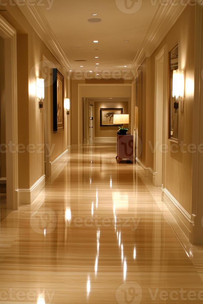 Elegant Hotel Corridor with Polished Wooden Floors photo