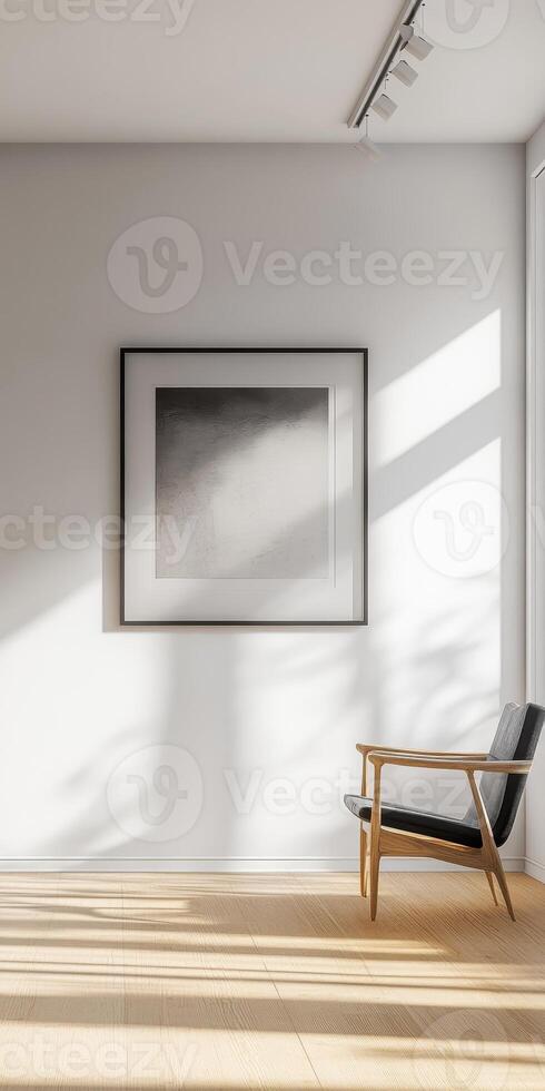 A serene and minimalist interior gallery space featuring a framed artwork, clean lines, and natural light streaming in, perfect for showcasing art and relaxation. photo