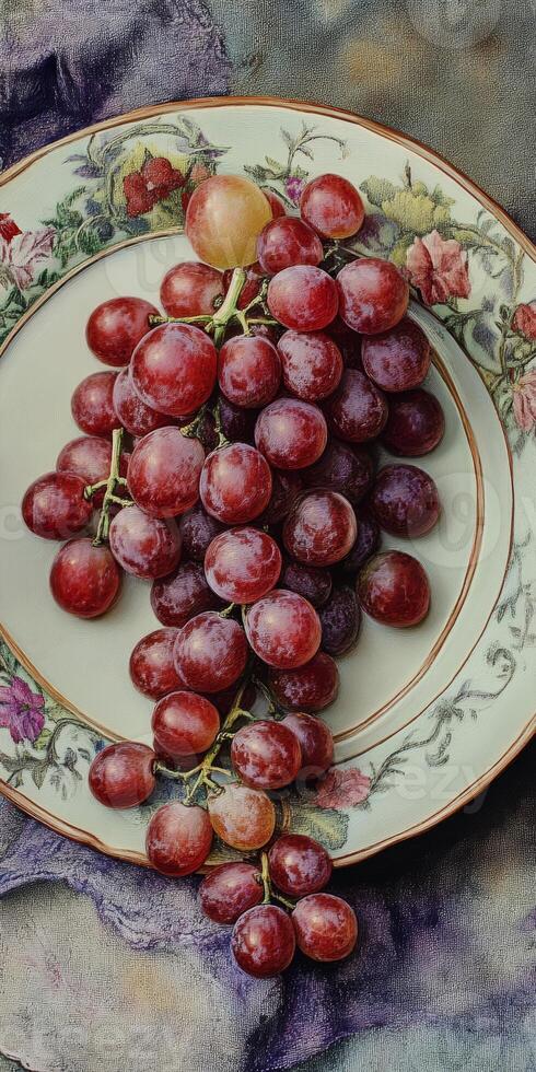 A stunning arrangement of fresh red grapes on an elegant decorative plate. The vibrant colors and glossy texture highlight the beauty of nature's bounty in a refreshing setting. photo