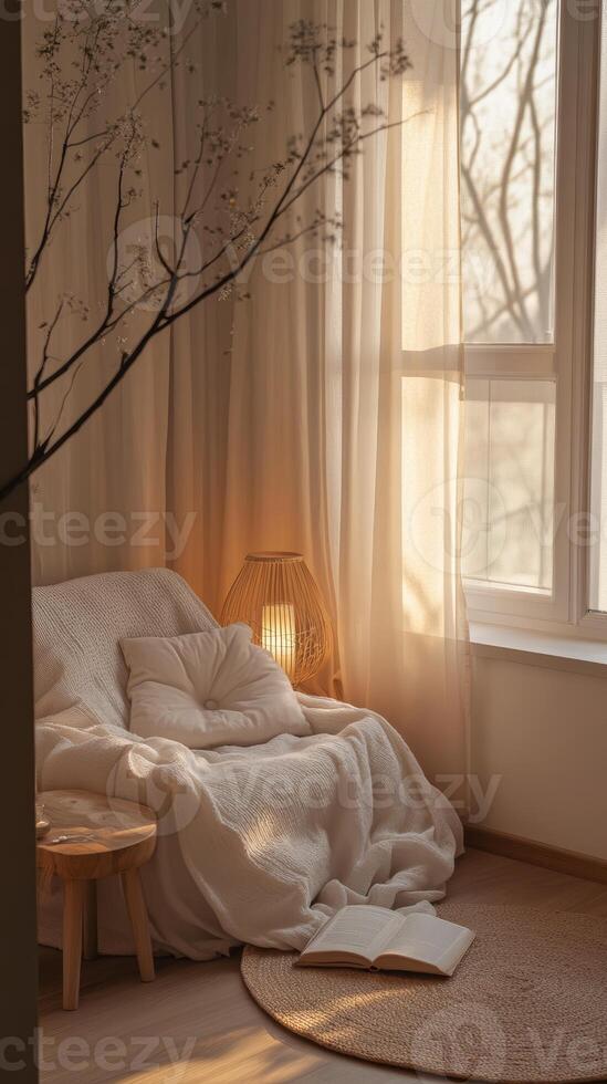 A serene reading corner with a cozy armchair, soft pillows, and warm sunlight streaming through sheer curtains. photo