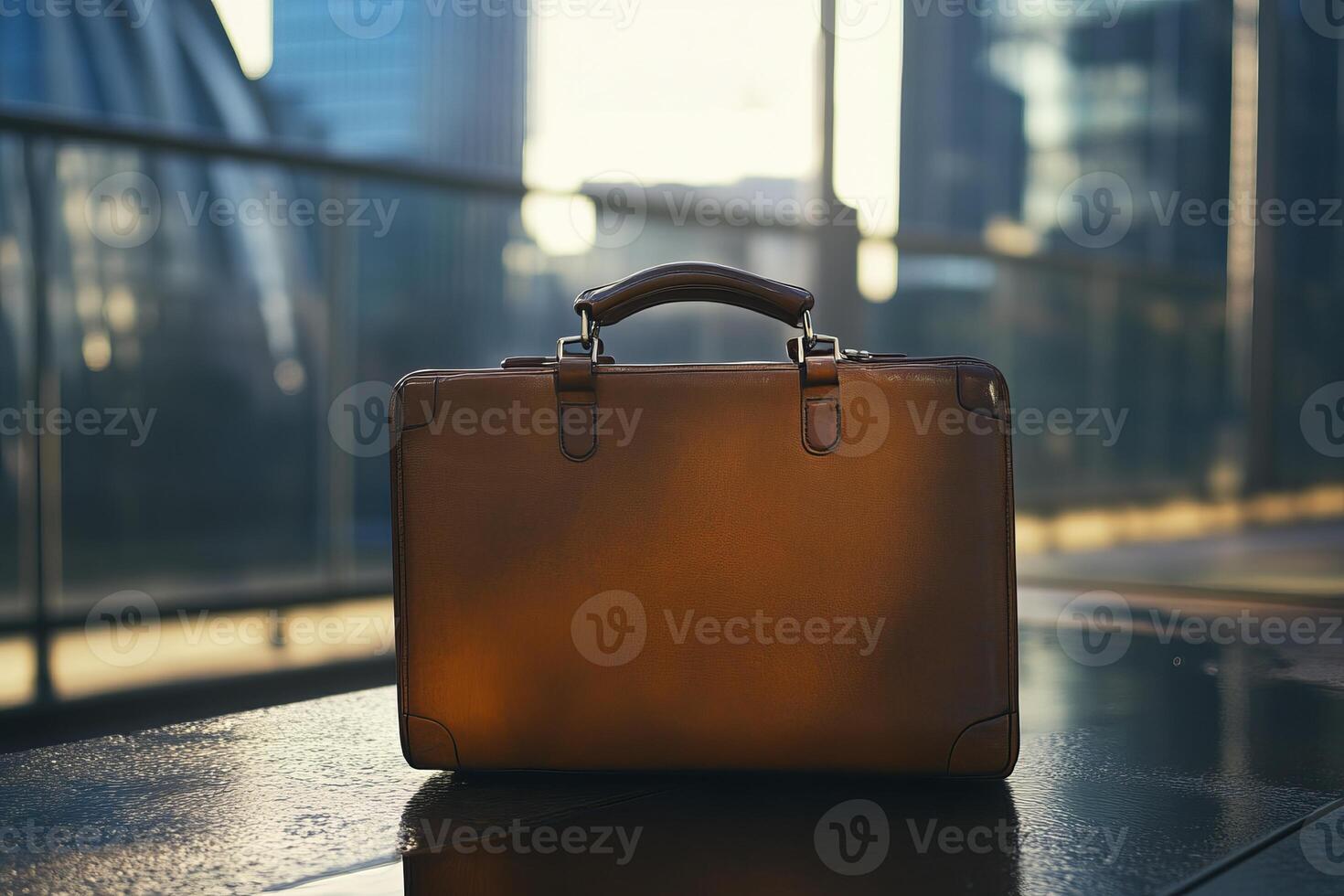A brown leather briefcase sits on a wet surface. The briefcase is open and the handle is visible. The scene is set in a city with a bridge in the background photo