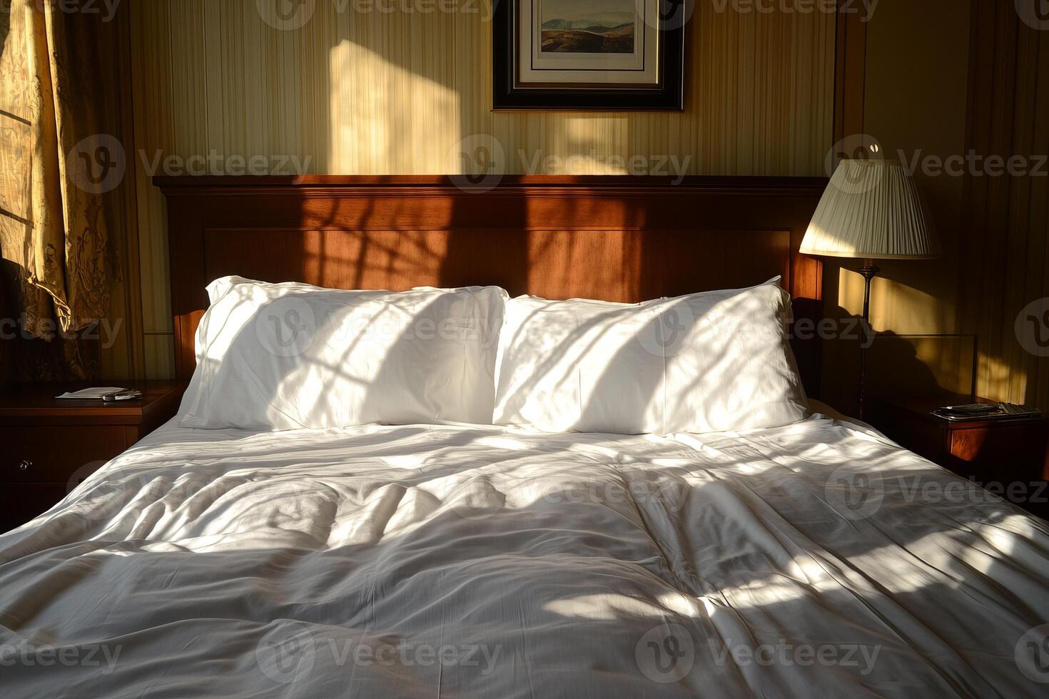 Bright Sunlight Casting Shadows on a Neatly Made Bed in a Room photo