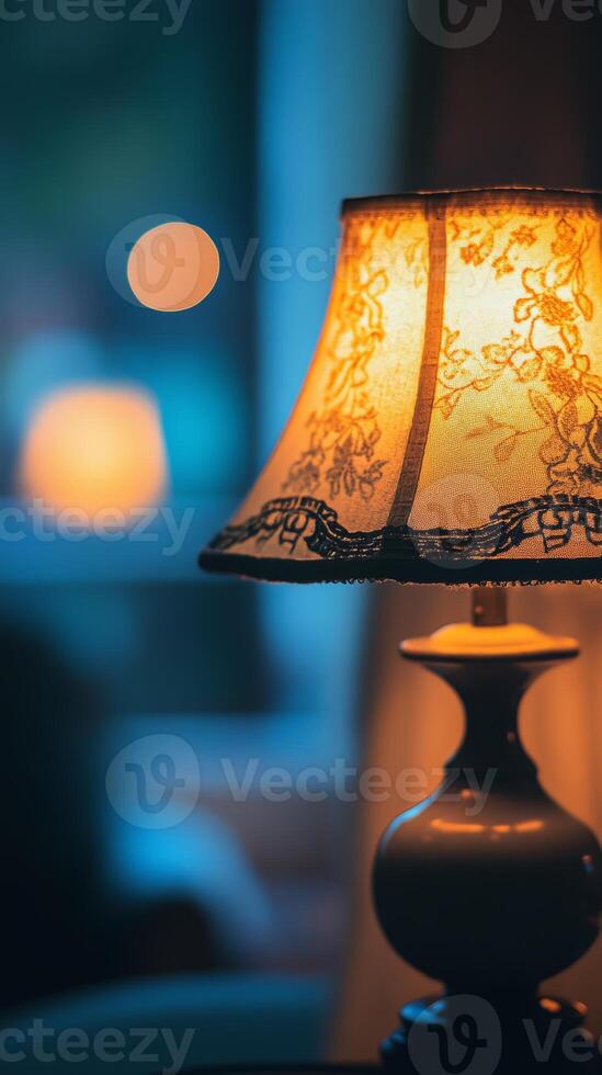 Cozy Vintage Lamp with Lace Shade Illuminating a Warm, Inviting Room Interior in Soft Evening Light photo