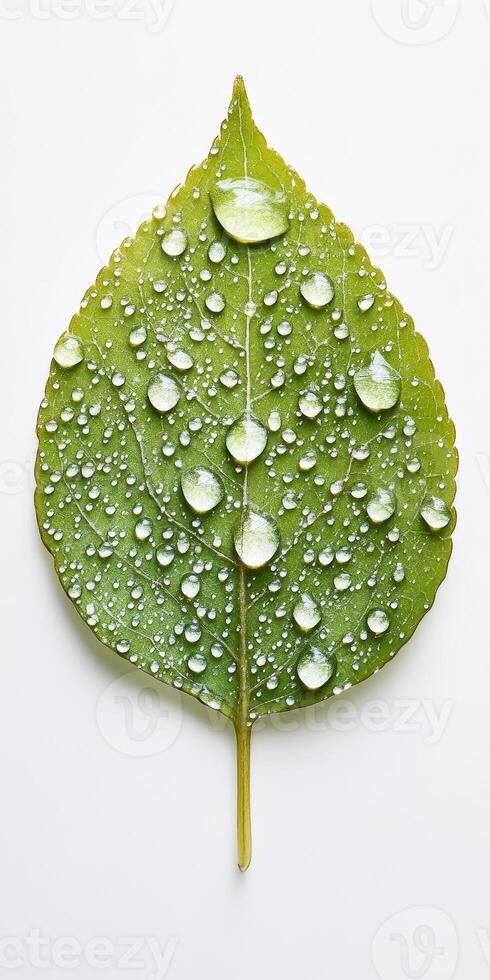 Close up of a vibrant green leaf covered in fresh water droplets, showcasing nature's purity and detail. photo