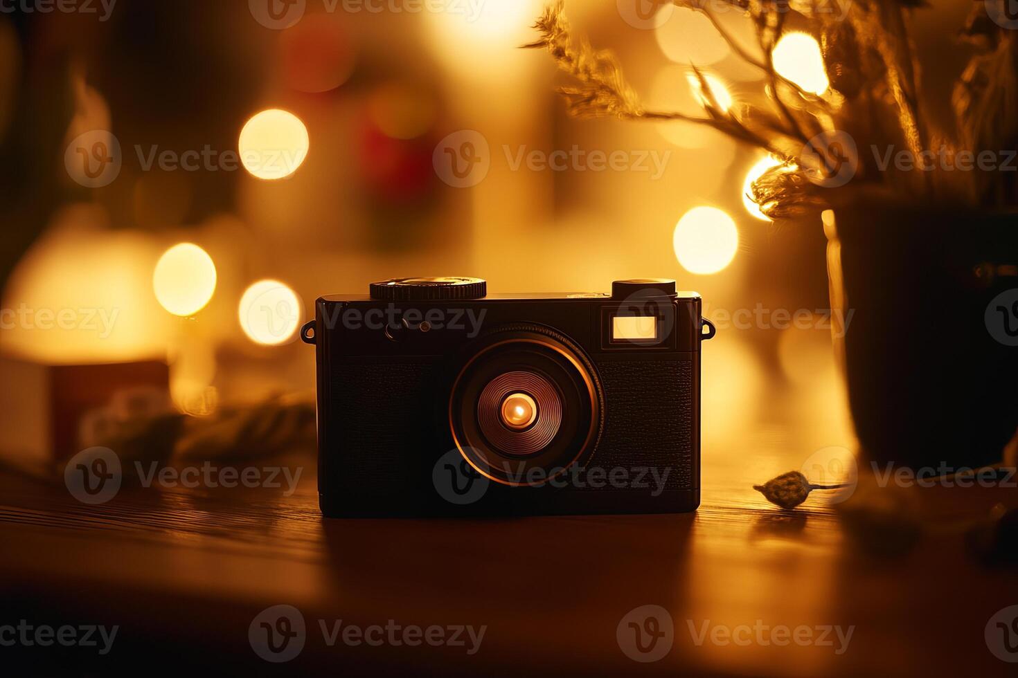 A black camera with a light inside of it is sitting on a table photo