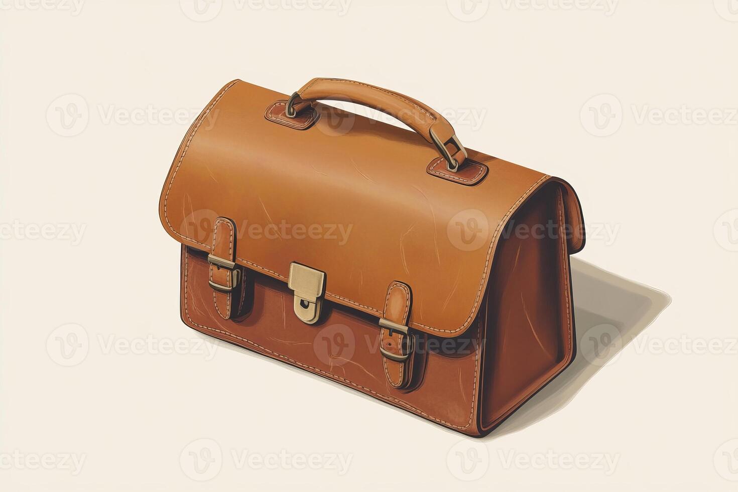 A brown leather briefcase with a gold handle sits on a white background photo