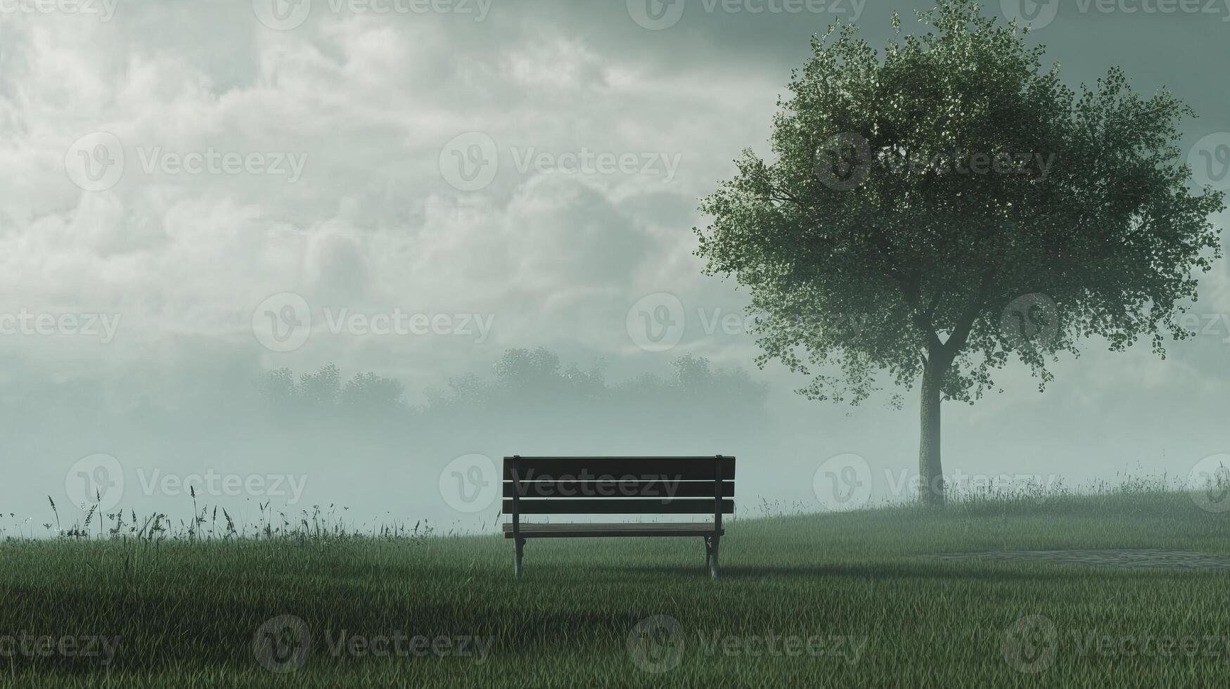 Tranquil Bench Under a Tree in a Misty Green Landscape photo