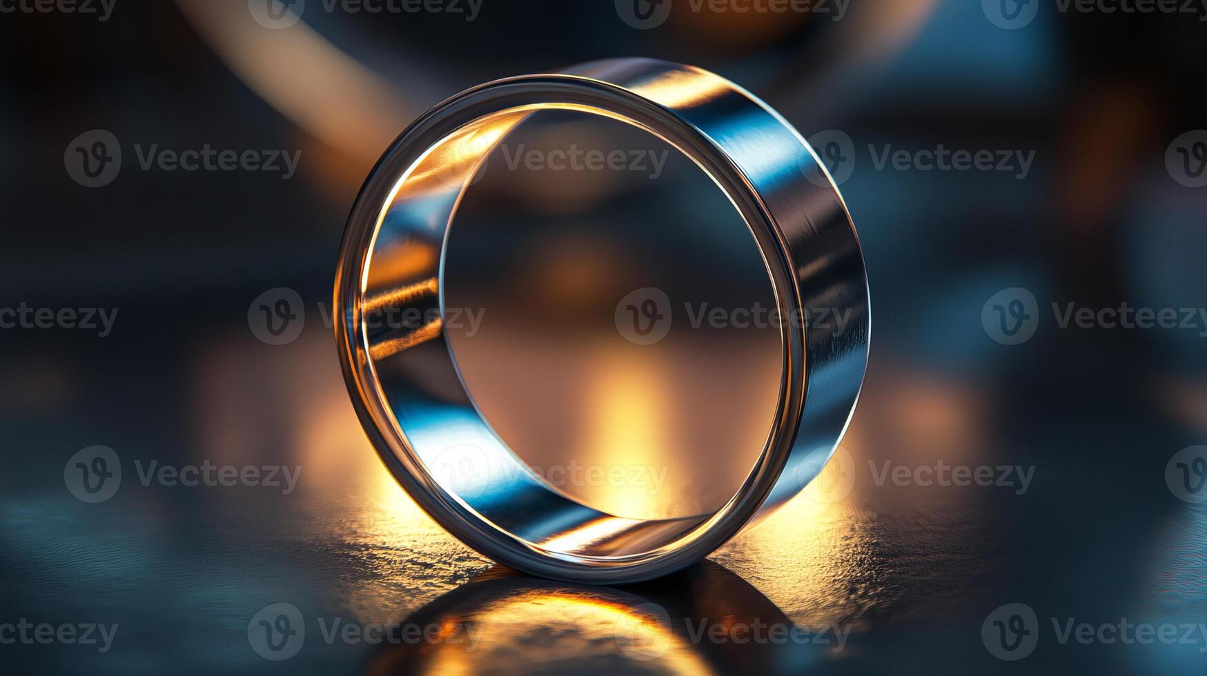 A close up of a sleek silver ring reflecting warm light, showcasing modern elegance and minimalist design. photo