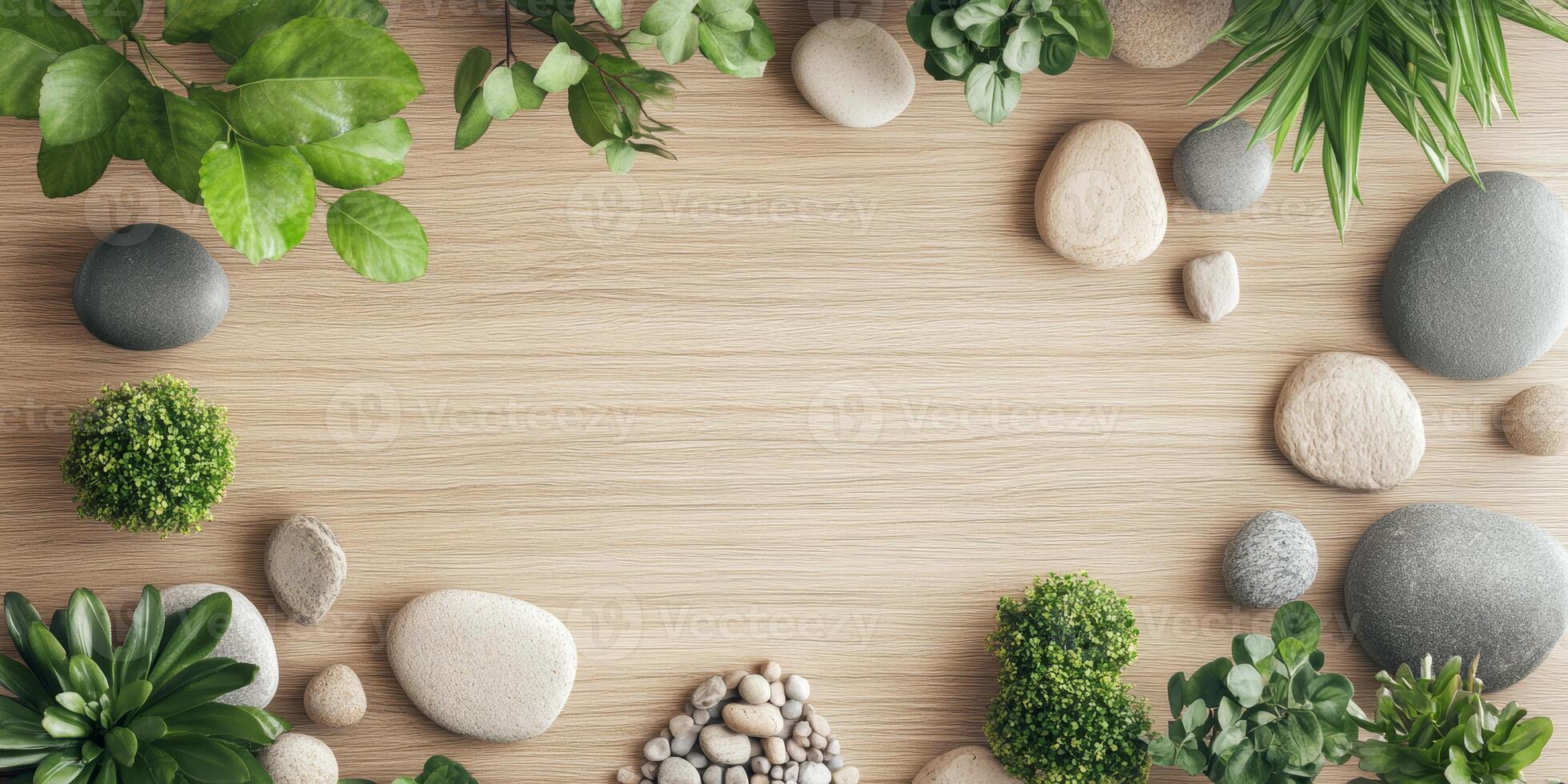 A serene arrangement of green plants and smooth stones on a wooden surface, perfect for a calming and natural background. photo