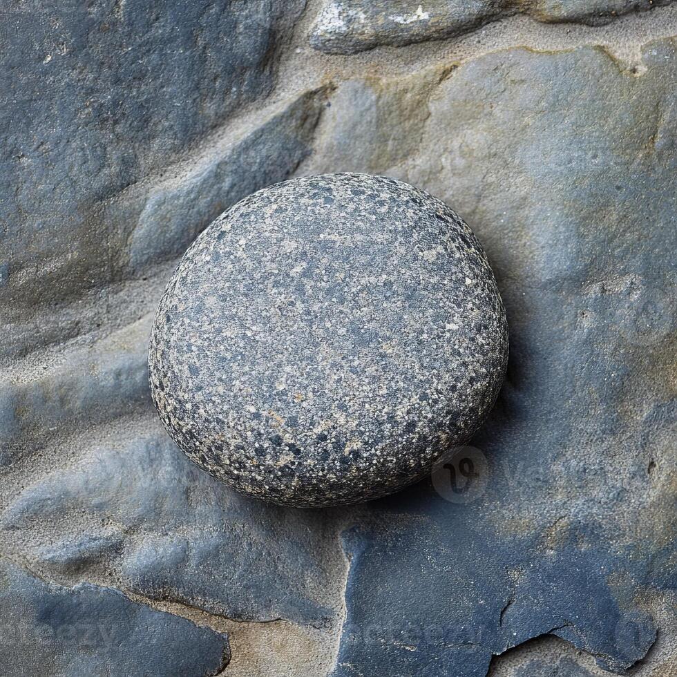 A detailed image of a smooth, round stone resting on a textured rock surface, showcasing natural patterns and earthy tones. photo