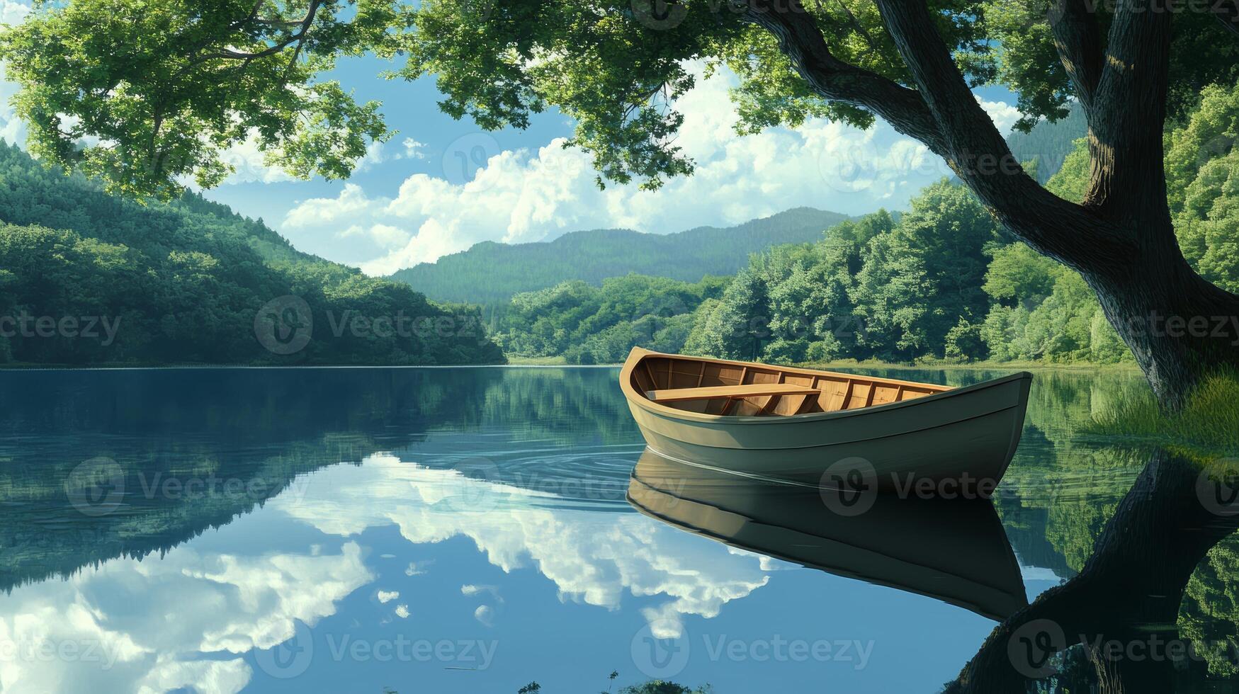 Serene Wooden Rowboat on Tranquil Lake with Lush Green Forest photo