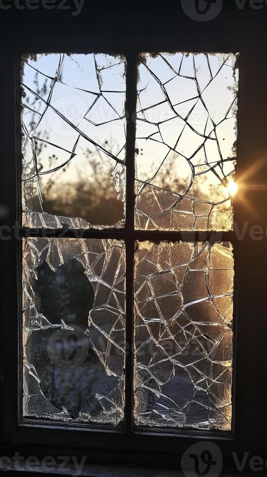 Broken Window Pane with Sunlight Streaming Through Cracks at Sunset in a Rustic Setting photo