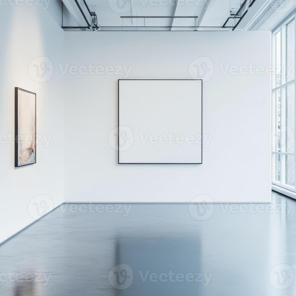 A sleek minimalist art gallery interior featuring a blank canvas on a white wall, complemented by ample natural light and a serene atmosphere ideal for artistic expression. photo