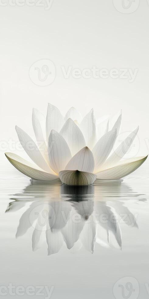 Elegant White Lotus Flower Reflecting on Calm Water Surface in Minimalist Setting photo