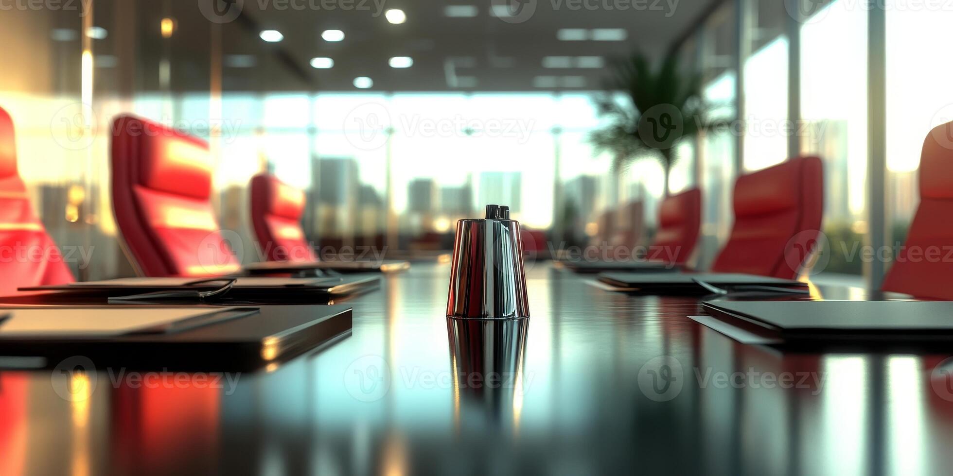 A table with a silver object on it and a view of a city photo