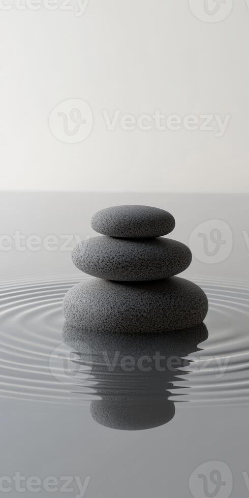 Zen Stones Balancing on Water Surface Creating Ripples in a Minimalist and Serene Environment photo