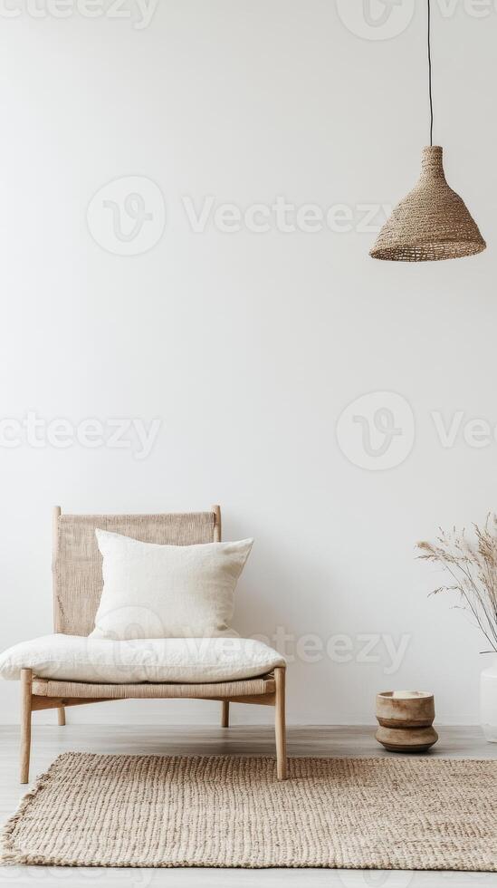 A chair with a white pillow on it is in a room with a white wall photo