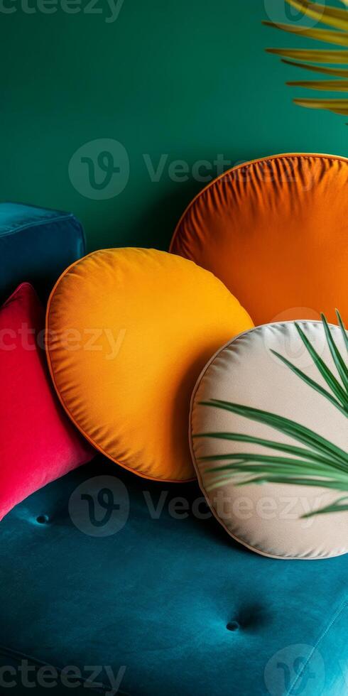 A couch with a green background and a bunch of pillows on it photo