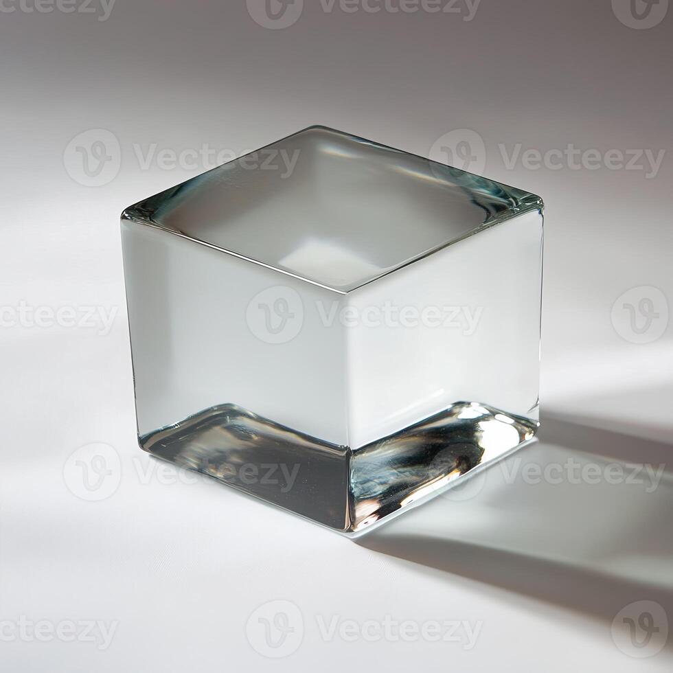 Minimalist Clear Glass Cube with Soft Shadow on Smooth Surface photo
