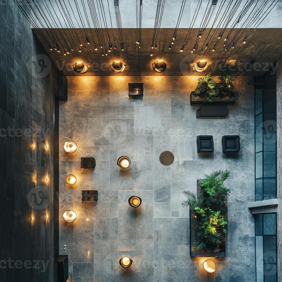 Modern Indoor Atrium with Stylish Lighting and Greenery in Contemporary Architectural Design photo