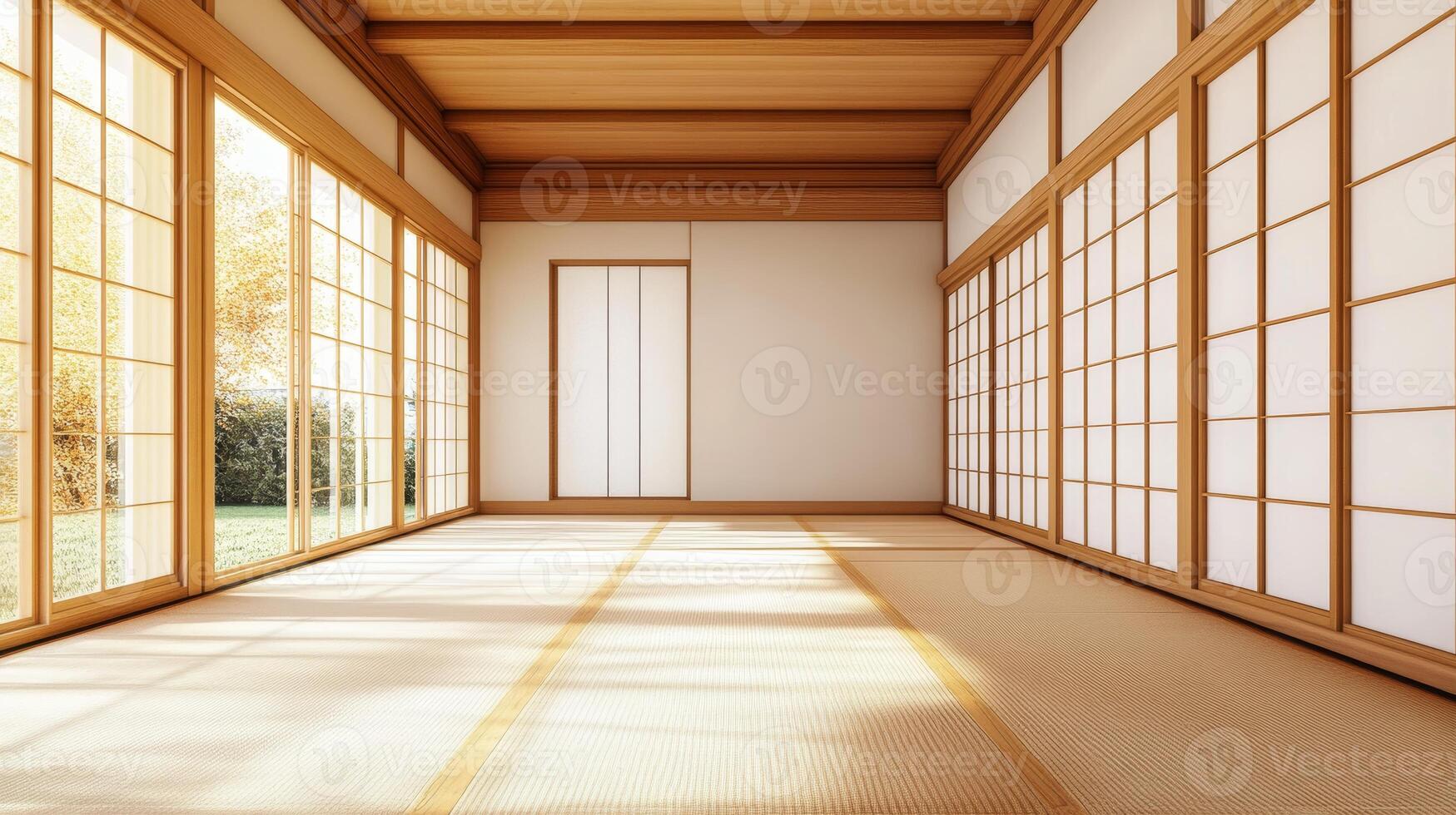 Sunlit Traditional Japanese Room with Tatami Mats and Sliding Shoji Doors photo