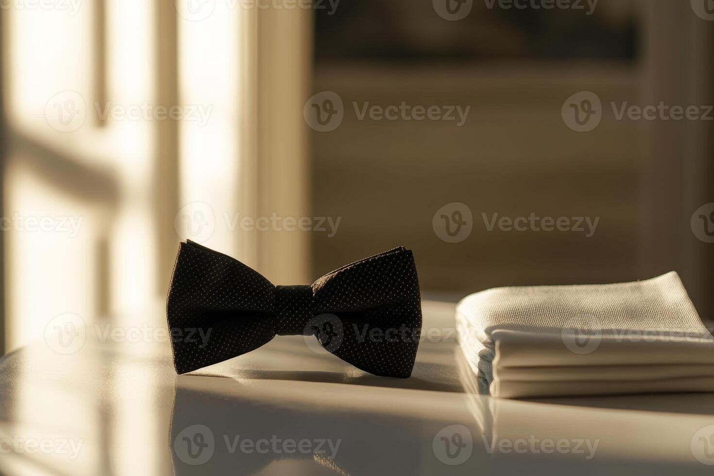 Elegant Black Bow Tie with White Napkin on a Tabletop Surface photo
