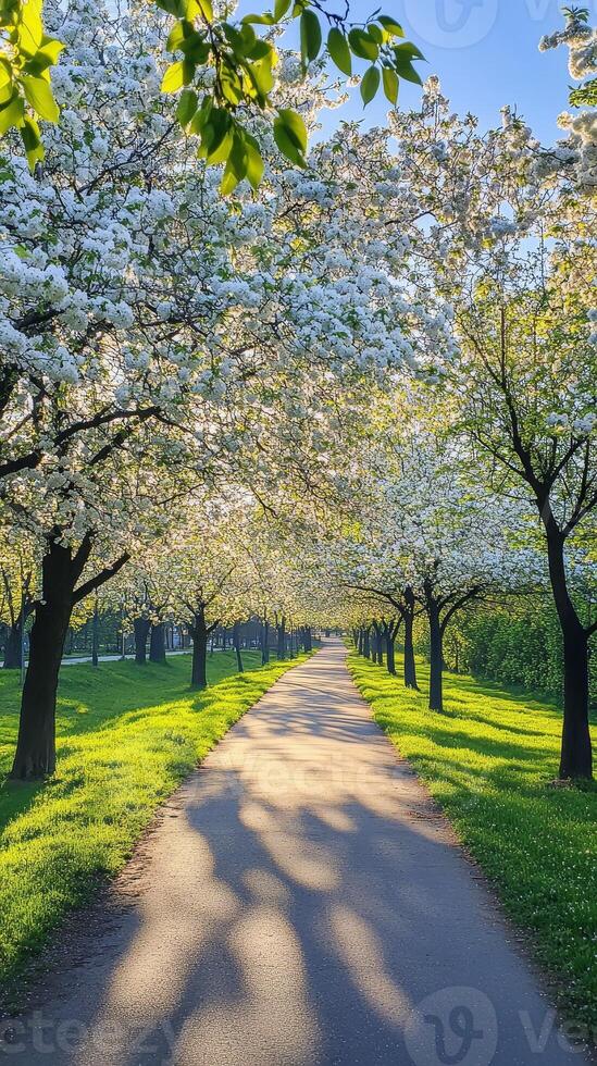 Serene Pathway Lined with Blooming Cherry Trees Under a Clear Blue Sky photo