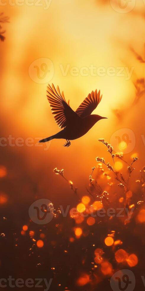 Silhouette of a Bird in Flight Against a Golden Sunset with Glowing Bokeh photo