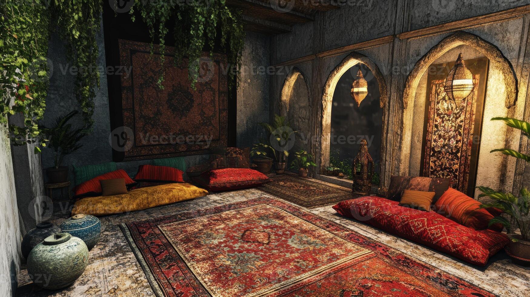 Cozy Bohemian Lounge with Colorful Cushions and Oriental Rugs in a Rustic Interior Setting photo