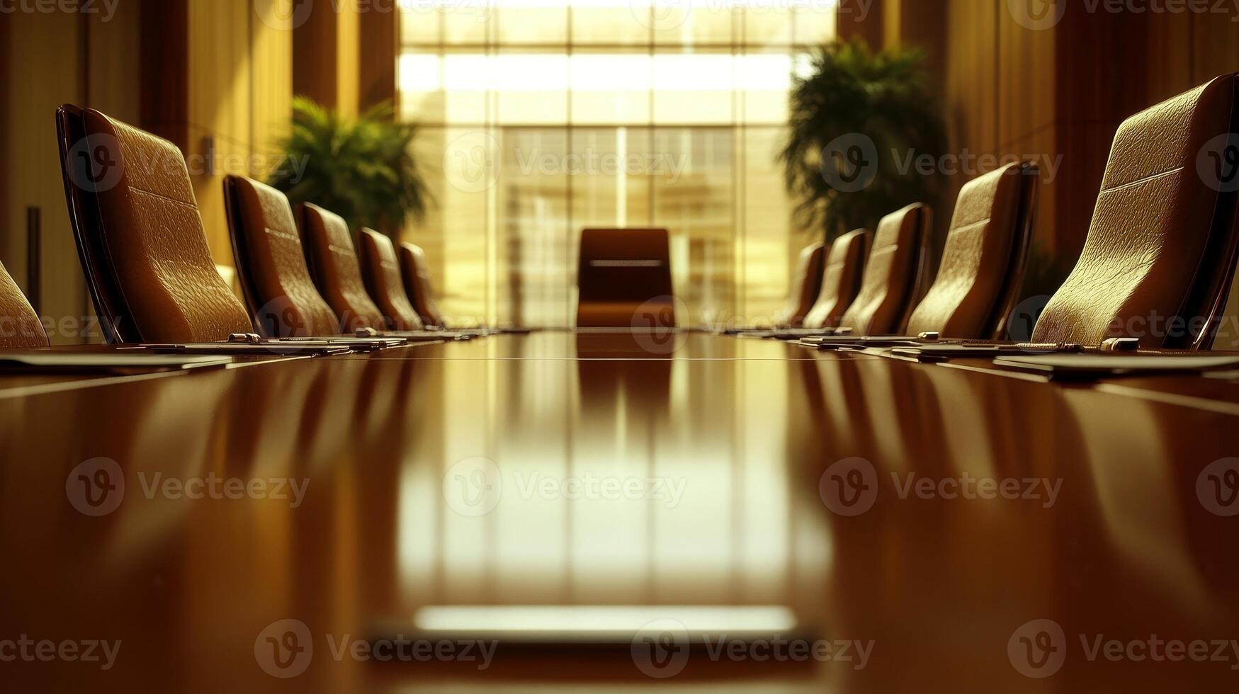 A large conference table with many chairs and a potted plant photo