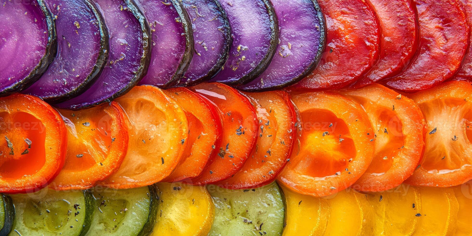 Colorful Sliced Vegetables Arranged in a Rainbow Pattern photo