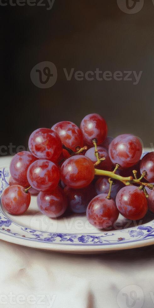 Fresh Red Grapes on a Decorative Plate with Dark Background photo