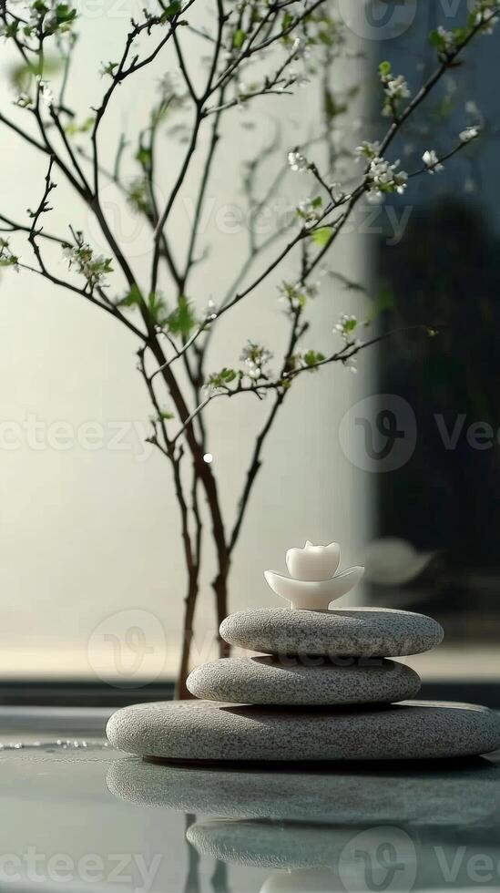 Zen-Inspired Still Life with Smooth Stones and Delicate Blossoms in Soft Natural Light photo