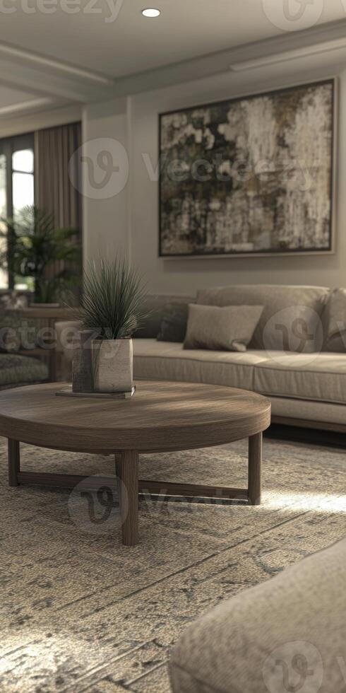 A living room with a coffee table and a couch photo