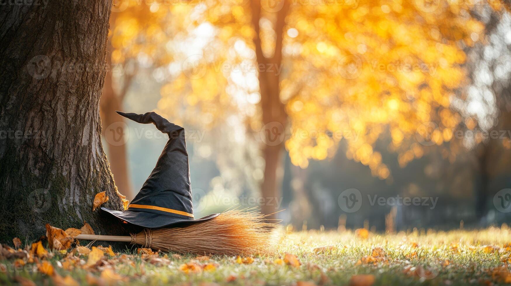 Black Witch Hat and Broomstick by Tree in Autumn Leaves photo