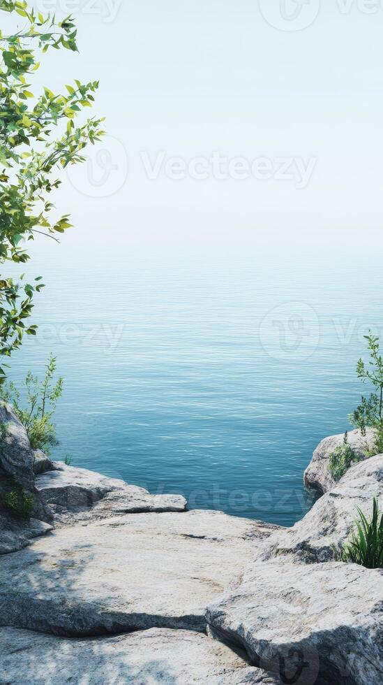 Serene Coastal View with Rocky Shoreline and Calm Blue Sea Under Clear Sky photo