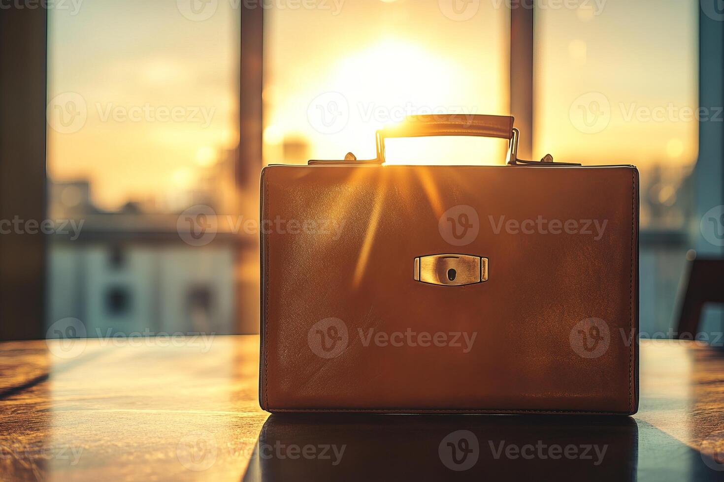 A brown briefcase is sitting on a table photo