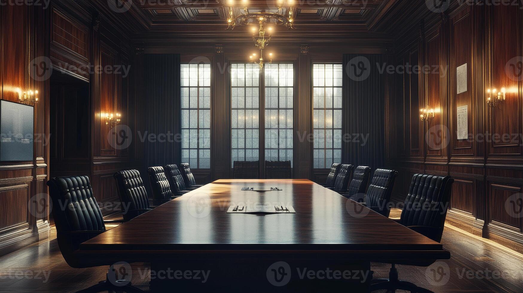 A large room with a long table and many chairs. The room is dimly lit and has a formal atmosphere photo
