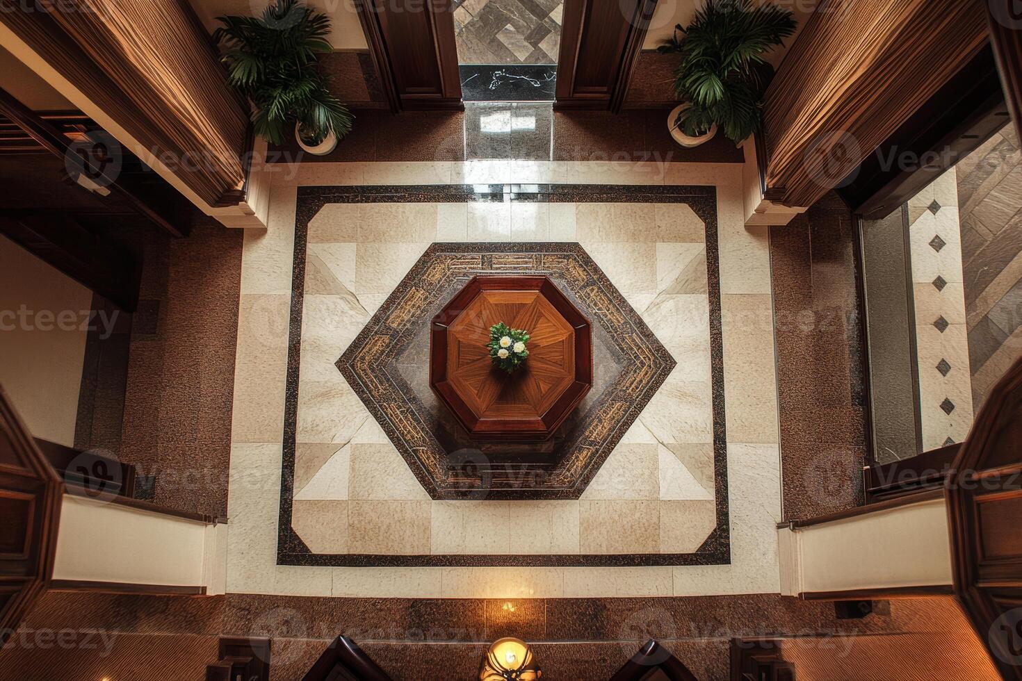 A large room with a round table in the middle photo