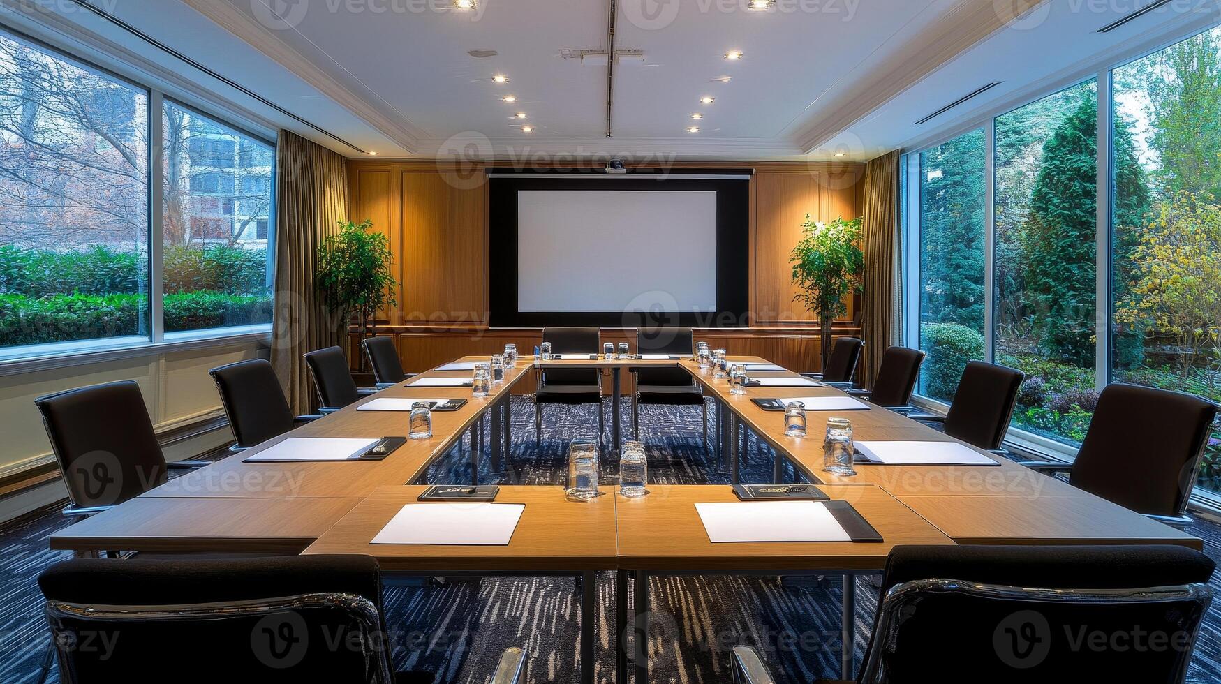 A large conference room with a projector screen and a long table with chairs photo
