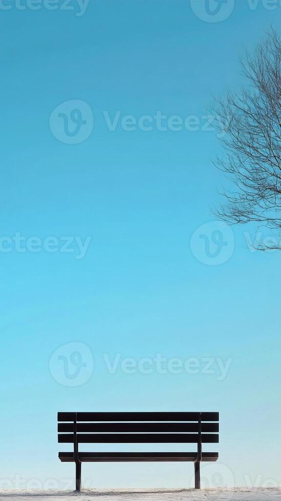Peaceful Winter Landscape with Empty Bench and Clear Blue Sky photo