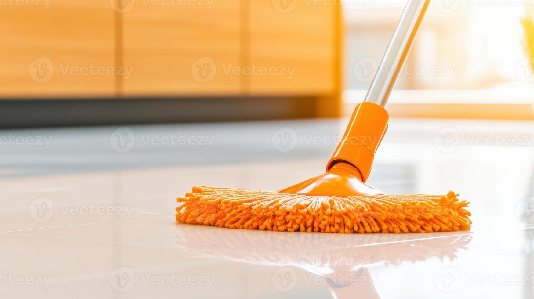 Man mopping the kitchen floor in a modern home with sunlight enhancing the sleek design and wooden elements photo