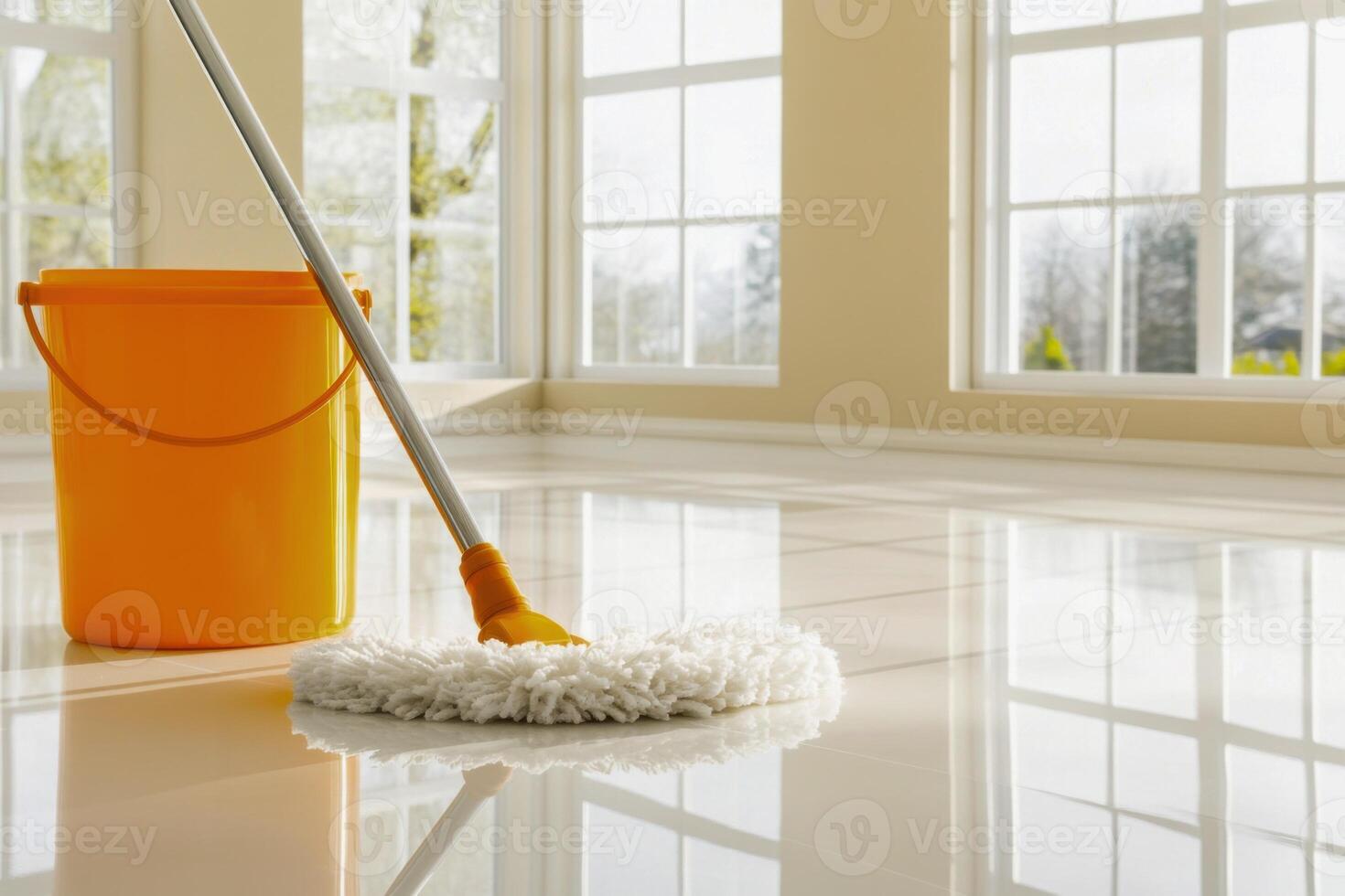 Mop and bucket positioned in a well-lit corner of a clean room ready for cleaning activities during daylight hours photo