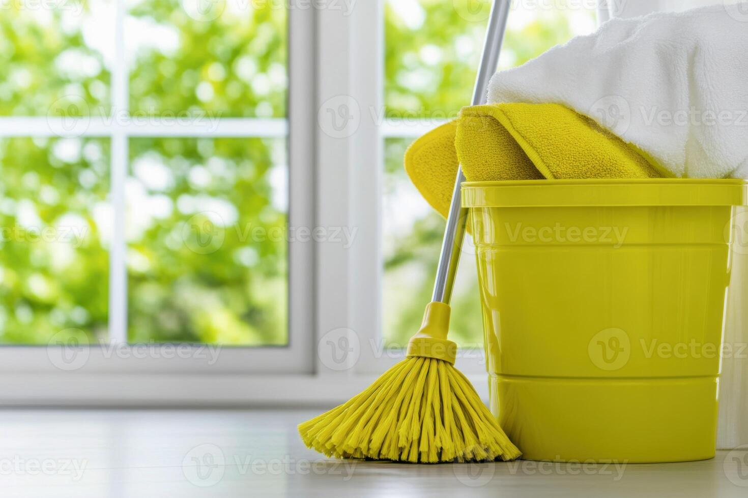 Mop and bucket in a bright corner of a room with sunlight filtering through large windows, creating a vibrant and clean environment for cleaning tasks photo
