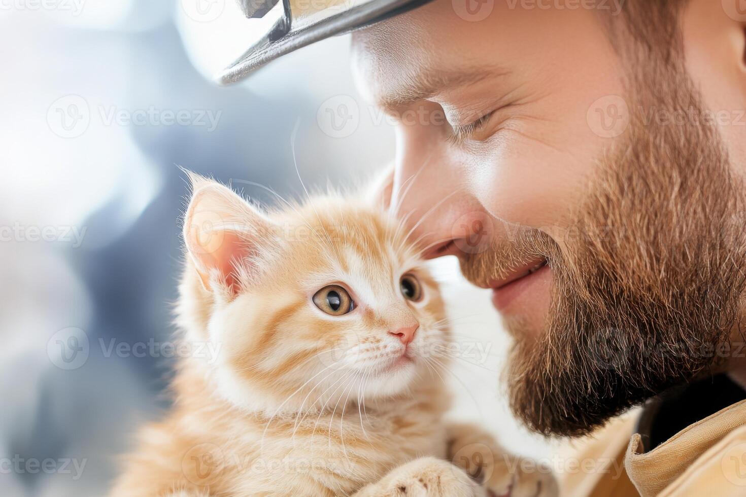 Firefighter rescues adorable kitten from building amid smoky backdrop and highlights in uniform photo